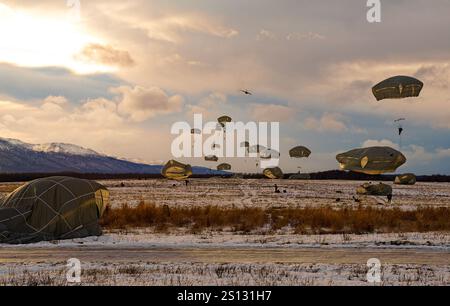 2nd Infantry Brigade, 11th Airborne Division soldati saltano a Malamute DZ durante uno dei loro numerosi salti invernali di addestramento. Foto Stock