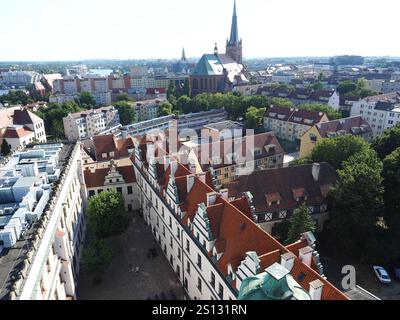 Vista panoramica del castello dei duchi di Pomerania, della cattedrale di Szczecin e della città vecchia, Szczecin Polonia Foto Stock