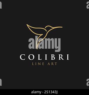 Hummingbird Line art, icona geometrica del logo colibri modello vettoriale su sfondo nero Illustrazione Vettoriale