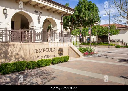 Temecula, California, Stati Uniti - 04-08-2019: Una veduta del cartello d'ingresso per il Temecula Civic Center. Foto Stock