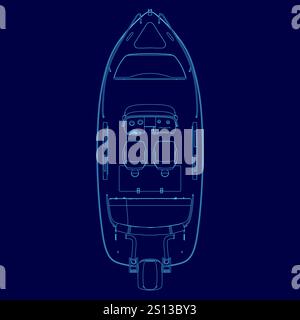 Barca blu con una striscia sul lato. L'imbarcazione è mostrata in un disegno blu Illustrazione Vettoriale