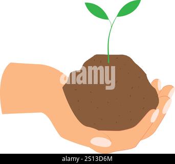 Un uomo che tiene la mano germoglio. Piantate un albero. Mano che dà una pianta. Giornata della Terra. Ambiente. Illustrazione vettoriale stile piatto del cartone animato Illustrazione Vettoriale