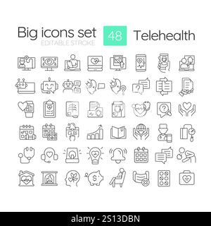 Set di icone lineari per la tecnologia telesanitaria Illustrazione Vettoriale