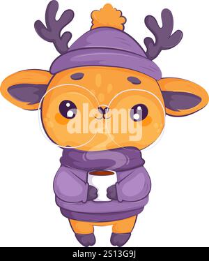 Adorabile cervo da cartoni animati con cappello e maglione invernale viola e una tazza di bevanda calda, perfetto per un design accogliente. Illustrazione Vettoriale