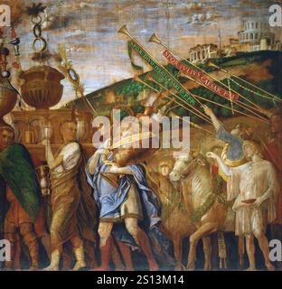 I Trionfi di Cesare sono una serie di nove grandi dipinti creati dall'artista rinascimentale italiano Andrea Mantegna tra il 1484 e il 1492[1] per il Palazzo Ducale Gonzaga di Mantova. Essi raffigurano una parata militare trionfale che celebra la vittoria di Giulio Cesare nelle guerre galliche. - Portatori di vasi (quarta tela) Foto Stock