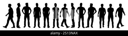 Set di personaggi uomo in pose diverse silhouette Illustrazione Vettoriale