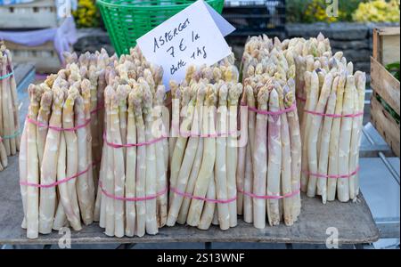 Asparagi bianchi freschi in vendita nel mercato agricolo locale di Souillac, Dordogne, Francia. Traduzione inglese: 1 kg di grappoli di asparagi e p Foto Stock