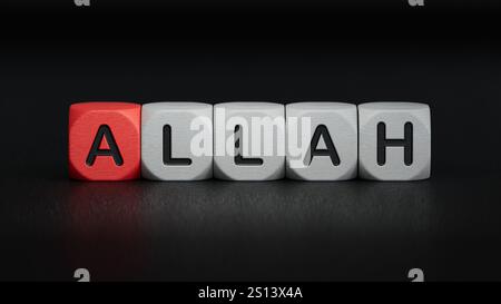 allah parola scritta su cubo di legno.primo piano di elementi in legno,Business Concept.rendering 3D su sfondo nero. Foto Stock