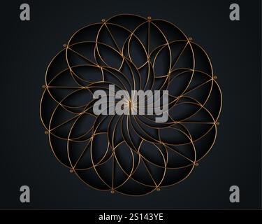 Modello Gold Luxury Sacred Mandala. Elemento di design rotondo con fiore isolato su sfondo nero. Motivo circolare di colore dorato. Illustrazione vettoriale Illustrazione Vettoriale