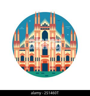 Icona del viaggio in Italia con il Duomo di Milano in Flat Illustrazione Vettoriale
