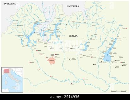 Mappa vettoriale dei laghi dell'Italia settentrionale Foto Stock
