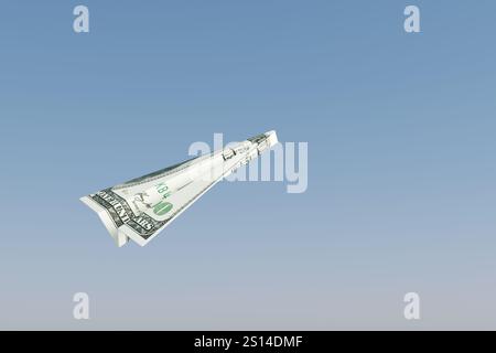 Aereo di carta fatto di una banconota da 100 dollari che vola nel cielo blu. Illustrazione del concetto di stimolo economico, prosperità finanziaria, crescita della ricchezza Foto Stock