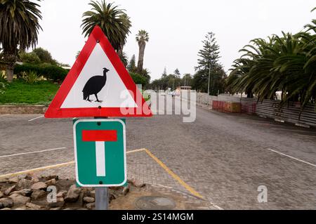 Cartello stradale - attenzione alle galline della Guinea, Swakopmund, Namibia Foto Stock