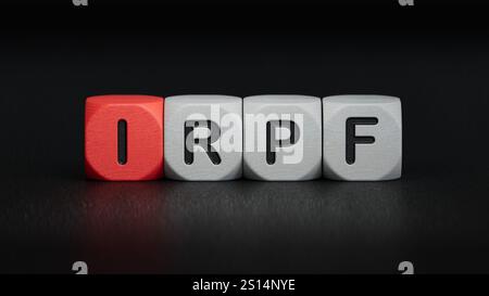 Testo IRPF su blocco di legno.primo piano di elementi in legno,concetto aziendale.rendering 3D su sfondo nero. Foto Stock