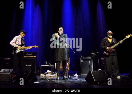 Die Schweizer Jazz-Sängerin Erika Stucky und ihr Trio Spacecake mit Christy Doran g. und Jamaaladeen Tacuma B. im Essener Grillo-Theater. La cantante jazz svizzera Erika Stucky e il suo trio Spacecake con Christy Doran g. e Jamaaladeen Tacuma B. ad Essen. Essen NRW DEUDEGERMANYDEUTSCHLANDALLEMAGNE Foto Stock