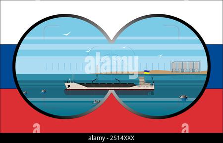 Illustrazione di un portarinfuse ucraino con grano bloccato dalle miniere nel Mar Nero. Ammira il binocolo sullo sfondo della bandiera russa. Illustrazione Vettoriale