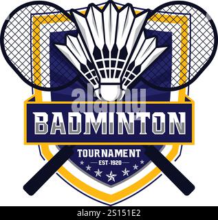 Design del logo del torneo di badminton. Logo di badminton. Modello logo club badminton, disegno astratto sportivo illustrazione vettoriale EPS 10. Illustrazione Vettoriale