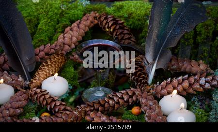 Vino rosso, rosa fianchi, piume di corvo e candele. Una cerimonia magica. Foto Stock