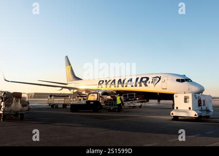 Treviso, Italia - 30 dicembre 2024: Aereo Ryanair a terra al mattino con addetti al trasporto bagagli che preparano l'aereo per la partenza Foto Stock