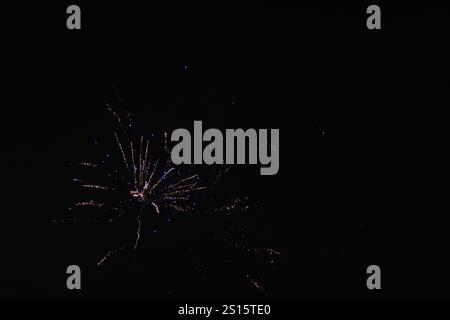 Incredibile spettacolo pirotecnico durante le celebrazioni del capodanno 2025, catturato con dettagli vividi. Una vibrante esplosione di luce Foto Stock