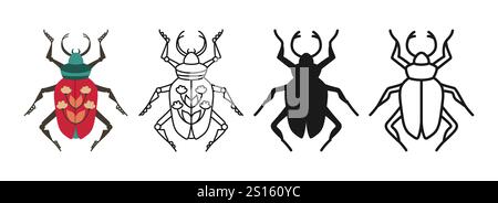 Set di cartoni animati con simboli di coleotteri. Icona di scarabocchio lineare bug astratti. Collezione di emblemi disegnati a mano con insetti di arte popolare stilizzata. Firma forma semplice simpatico clipart di insetti. Illustrazione isolata vettoriale Illustrazione Vettoriale