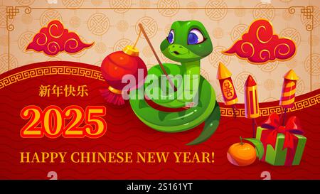 Divertente serpente verde cartoni animati con lanterna rossa e fuochi d'artificio per il Capodanno lunare cinese, banner vettoriale. Biglietto di auguri per il Capodanno cinese 2025 con geroglifici, serpente con regali e mandarini Illustrazione Vettoriale