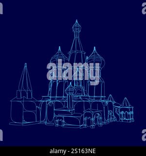 Disegno blu di una chiesa con sfondo blu del cielo. La chiesa ha un alto campanile e una grande cupola. Il cielo è limpido e luminoso, senza nuvole in si Illustrazione Vettoriale