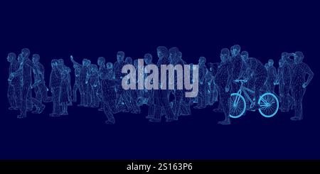 Un gruppo di persone è in fila, con una bicicletta al centro. L'immagine ha un'atmosfera futuristica, con le persone e la bicicletta che appaiono Illustrazione Vettoriale