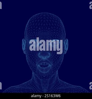 Il volto della donna è mostrato in blu. Il volto è composto da molte linee e punti, conferendogli un aspetto futuristico. Concetto di tecnologia e artifi Illustrazione Vettoriale