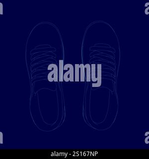 Un paio di scarpe sono mostrate su sfondo blu. Le scarpe sono mostrate in formato digitale, con i lacci visibili. Concetto di modernità e tecnologia Illustrazione Vettoriale