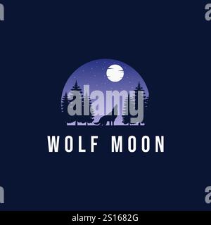 Lupo ululare sulla luna nella foresta. Modello logo. Illustrazione vettoriale. - Vector Illustrazione Vettoriale
