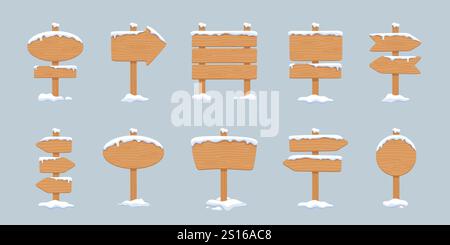 tavole per cartelli in legno ricoperte di neve, collezione di cartelli invernali vuoti Illustrazione Vettoriale