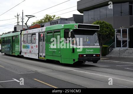 Tram articolato di classe B, gestito da tram Yarra, coperto da pubblicità verde Domain Real Estate che viaggia lungo Hawthorn Rd nella periferia di Melbourne Foto Stock