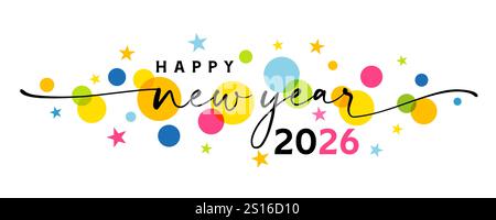Felice anno nuovo 2026 striscione di saluto con nastro a turbolenza e stelle colorate. Logo grafico decorativo colorato, design natalizio per biglietti d'auguri Illustrazione Vettoriale