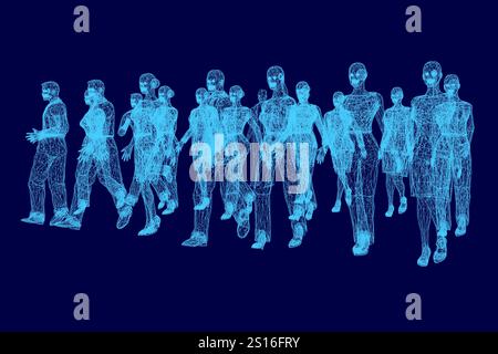 Gruppo di persone che camminano in fila. Le persone sono a reticolo e l'immagine è in blu Illustrazione Vettoriale