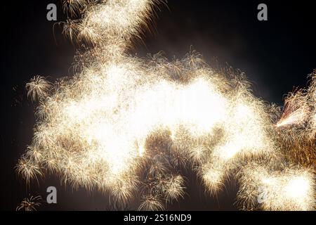 Un accattivante e vibrante spettacolo di scintille luminose e colorate dai fuochi d'artificio che illuminano splendidamente il cielo notturno Foto Stock