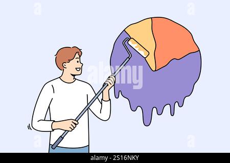 Lo statistico uomo disegna infografica dal grafico per visualizzare i dati aziendali, utilizzando il rullo per pittore. Lo statistico Guy fornisce un aiuto visivo per studiare il mercato finanziario e i dipendenti del settore commerciale Illustrazione Vettoriale