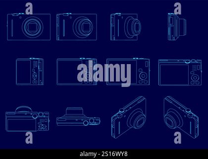 Serie di disegni blu di una videocamera. I disegni hanno angolazioni e posizioni diverse della videocamera Illustrazione Vettoriale