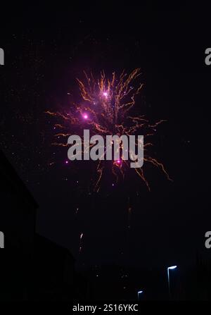 Incredibile spettacolo di fuochi d'artificio catturato durante le celebrazioni di Capodanno 2025, illuminando il cielo notturno su un quartiere residenziale Foto Stock