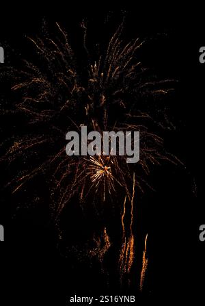 Incredibile spettacolo pirotecnico durante le celebrazioni del capodanno 2025, catturato con dettagli vividi. Una vibrante esplosione di luce Foto Stock