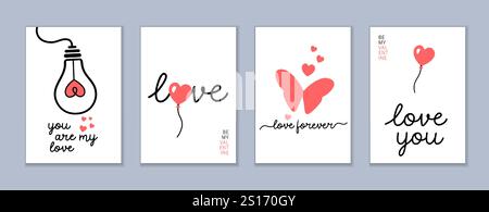 Sei il mio amore con il palloncino del cuore, set di carte creative per San Valentino. Sii il mio concetto tipografico vettoriale di San Valentino: Amore, amore per sempre, ti amo Illustrazione Vettoriale