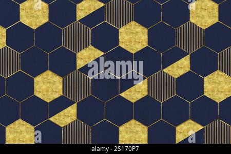 Carta da parati moderna con decorazioni a parete. 3d linee astratte, dorate e marmo e motivi esagonali e blu navy. Foto Stock