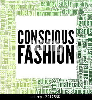 Design concettuale Conscious Fashion Word cloud isolato su sfondo bianco. Illustrazione Vettoriale