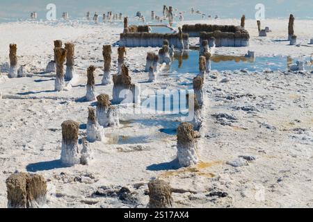 Rovine di vecchi bagni di fango sul lago salato Elton in un giorno di maggio. Regione di Volgograd, Russia Foto Stock