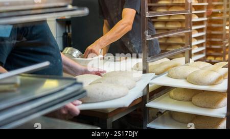 Il panettiere impastava e formava l'impasto nella panetteria locale. Piccole imprese locali che preparano farine in vendita. Foto Stock