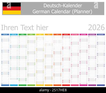 Calendario del pianificatore tedesco 2026 con mesi verticali su sfondo bianco Illustrazione Vettoriale