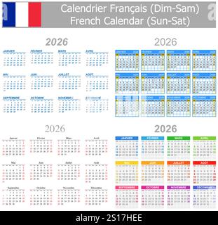 Calendario misto francese 2026 domenica-sabato su sfondo bianco Illustrazione Vettoriale