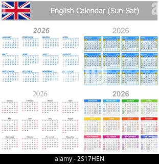 Calendario misto inglese 2026 Sun-Sat su sfondo bianco Illustrazione Vettoriale