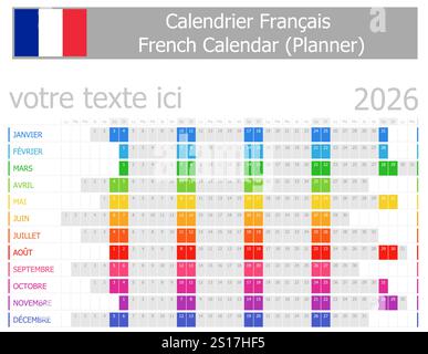 Calendario Planner francese 2026 con mesi orizzontali su sfondo bianco Illustrazione Vettoriale