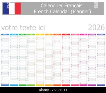 Calendario Planner francese 2026 con mesi verticali su sfondo bianco Illustrazione Vettoriale